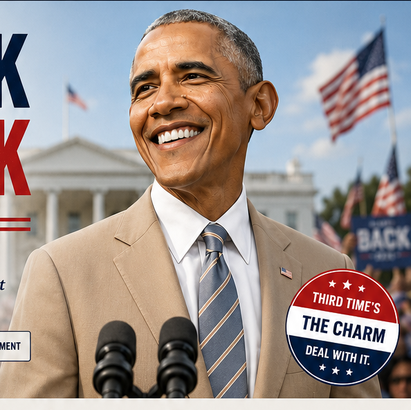 Satirical illustration of Barack Obama in a tan suit